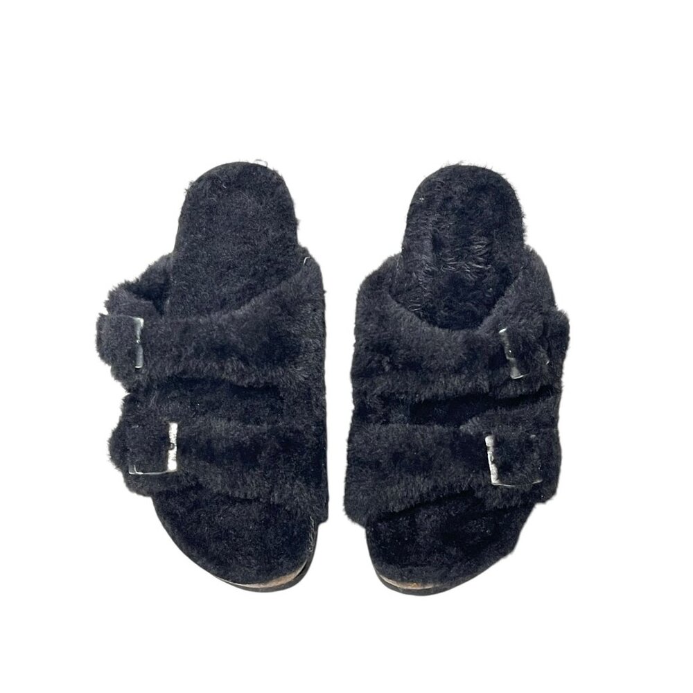 Black Faux Fur Double-Buckle Slide Sandals With Cork Sole - Womens Size 40 EU  9 - Picture 2 of 11